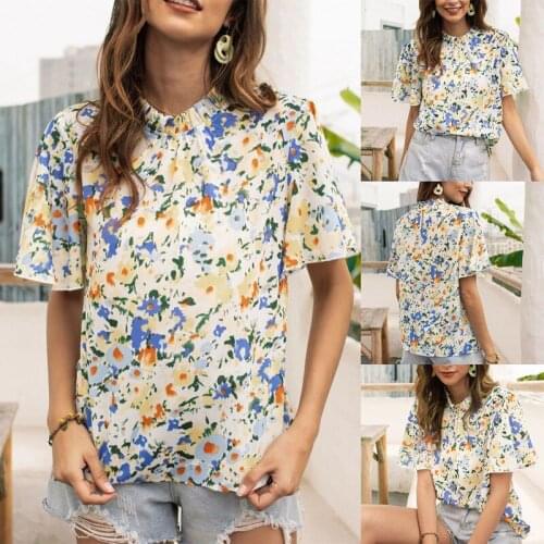 Womens High Neck Printed Fashion Floral Short Sleeve T-Shirt Flower Color