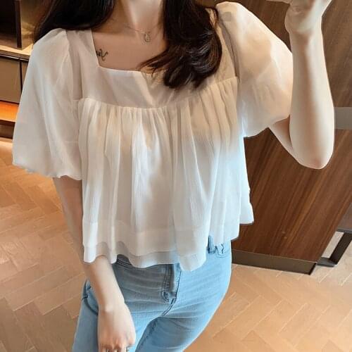 Summer Fashion Chiffon Blouses Womens Shirt Bowknot Puff Sleeve Loose Short Sleeve Top Blusas De Mujer