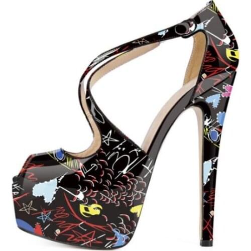 Carpaton Summer Newest Printed Leather High Heel Sandals Sexy Peep Toe Cross-tied Platform Woman Shoes Runway Dress Heels