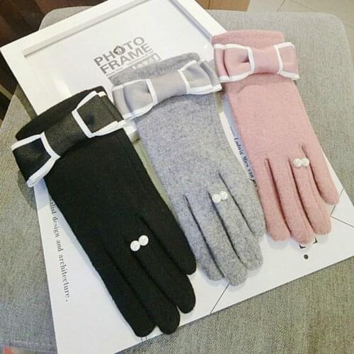 Korean version new touch screen five fingers cashmere bow thickening women winter spring gloves cute warm mittens