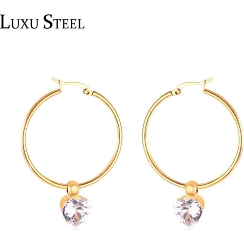LUXUSTEEL Two Method Wear Gold Color Hoop Earring Stainless Steel Cubic Zirconia Round Circle Earrings For Women /Girl Bijoux