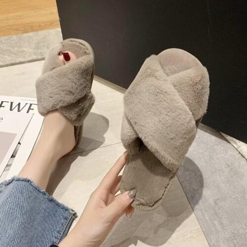 2021 cross plush slippers women winter new flat shoes non-slip slippers indoor slippers warm home shoes solid color comfortable