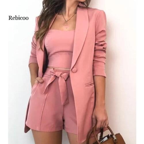 Rebicoo 3 Piece Set Summer Women Fashion Lace Up Shorts Slim Fit Bra Tops Long Sleeves Coat Loose Suit Jacket