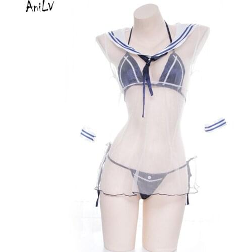AniLV Summer Beach Girl Sailor Bikini Swimsuit Costume Anime Comics Navy Three-piece Swimwear Uniform Set Pool Party Cosplay