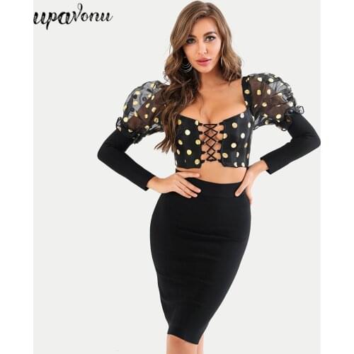 Free Shipping 2021 New Womens Set Sexy Square Neck Puff Sleeve Polka Dot Hollow Short Top & Tight Bandage Skirt Two-piece Set