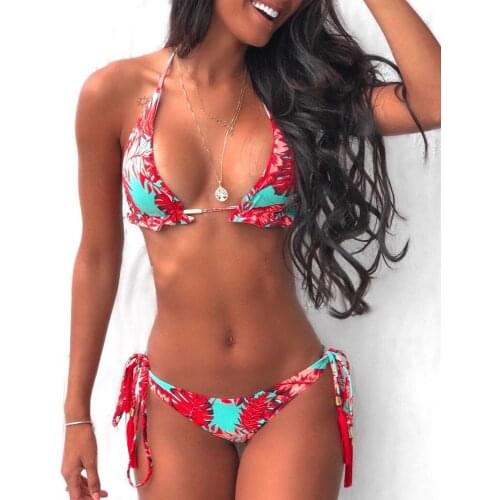 2020 Women Elegant Sexy Summer Beach Bikini Set Low Cut Swimsuit Halter Bikini Spaghetti Strap Halter Tropical Print Bikini Set