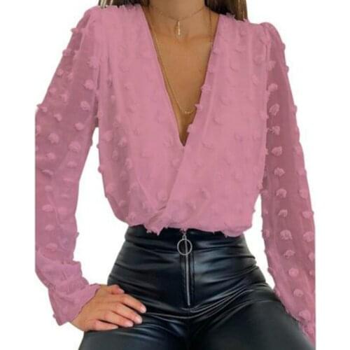 Women Deep V-Neck Top Black Jacquard Fashion Blouse Long Sleeve Mesh Chic Blouse Sexy Spring Autumn Chiffon Heart Printed G2315