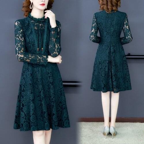 High-end 2021 Spring Retro temperament Womens O neck long Sleeve Dress Lace Hollow Out Dresses Vestido