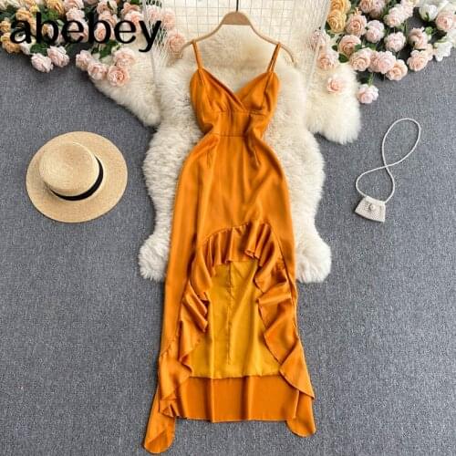 Women Sexy Backless Strap Dress V Neck Sleeveless Design Irregular Ruffles Dresses Summer Off Shoulder Vacation Beach Dress