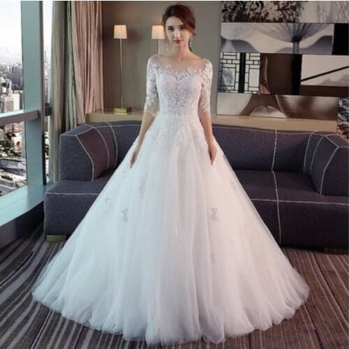 Fashion Simple 100 CM Long Train Vestido De Noiva 2020 New style Three Quarter Plus size Wedding Dress Lace Tulle Bride Illusion