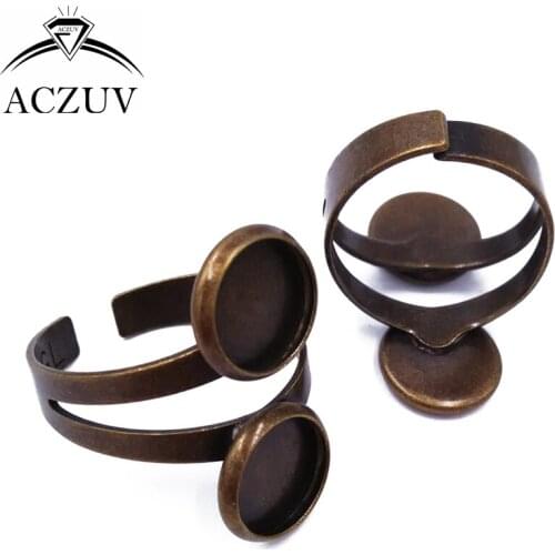 100pcs Antique Bronze 10mm 12mm Double Bezel Blank Adjustable Ring Blanks Base Copper Metal Cabochon Rings Settings TJZT025