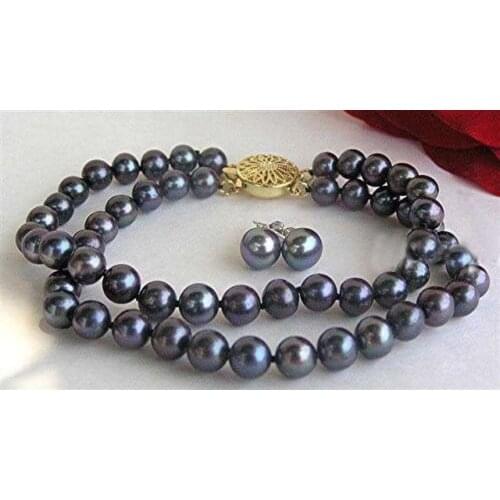 2014 new fashion free shipping charming 2Row 7-7.5mm Black Akoya Cultured pearl bracelet 7.5" +Earrings BV103