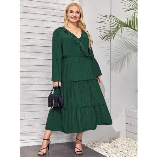 2021 Summer Dress Long Sleeve Women Ruffles V Neck Casual Green Dress Plus Size Maxi Long Boho Beach Dresses