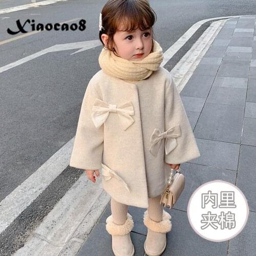 2021 Girls Winter Woolen Jacket Kids Bow O Neck Padded Cotton Parka Coats for Girls Solid Outerwear Toddler Baby Fall Clothes