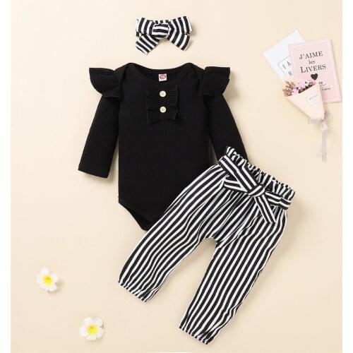 3pcs Newborn Baby Girls Clothes Ribbed Bodysuit +Striped Pants +Headband Sets Baby Outfits Winter Girl Clothing 3 6 12 18 Months