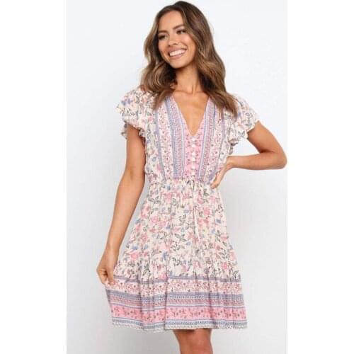 Ardm Fashion Positioning Flower Print Ruffle Women Dress V Neck With Button Drawstring Vintage Summer Vacation Casual Mini Dress