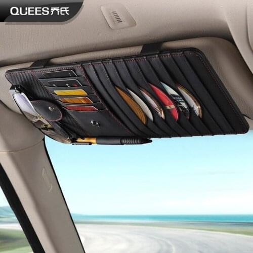 QUEES Genuine Leather Car Sunshade Storage Bag Holder Organizer CD Credit Cards Driving Licence Sunglasses Glasses Holder