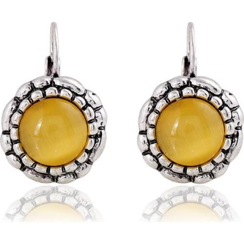 CRLEY Yellow Opal Earrings French Style European Vintage Earrings for Women Antique Silver Back Retro Stud Earring Dropshipping