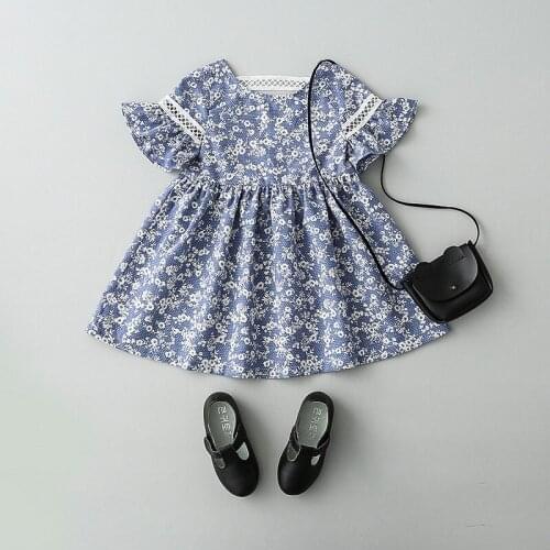 Baby Dress New GirlsCotton Printing Blue And White Porcelain Floral Dresses Baby Back Lace Openwork Children Clothing Girls