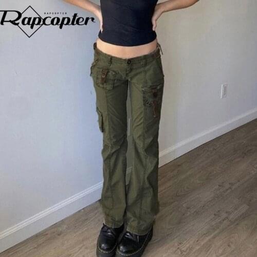 Rapcopter Green Pockets Cargo Jeans Vintage Bandage Fashion Denim Trousers Grunge Vintage Low Waisted Casual Women Sweatpant 90s