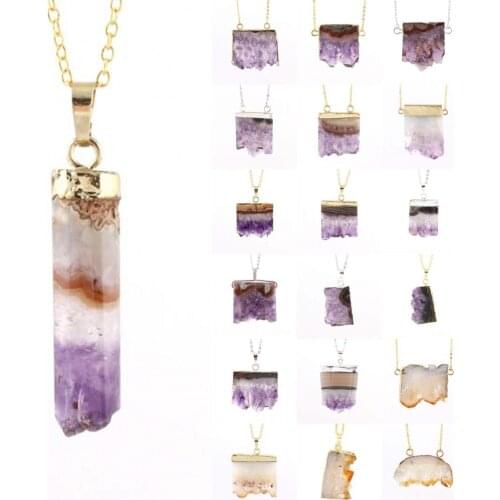 KFT Natural Healing Crystal Quartz Irregular Shape Pendant Purple Amethysts Drusy Slice Stone Pendant Chain Necklace For Women