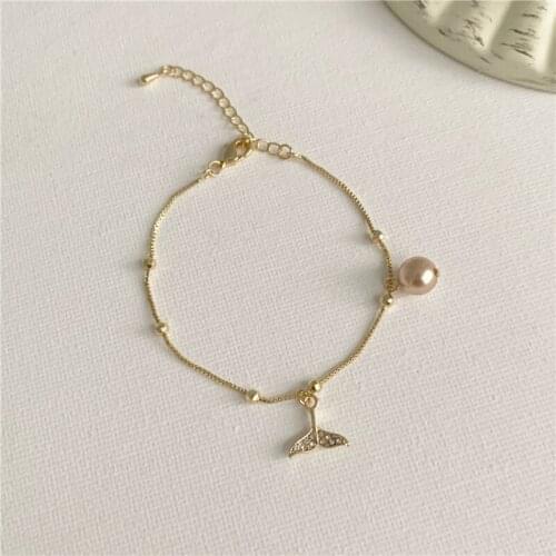 Cute Pearl Bead Rhinestone Inlaid Mermaid Fish Dolphin Tail Fin Bracelet Bangle Wristband Wrist Jewelry for Women Men Girls Gift