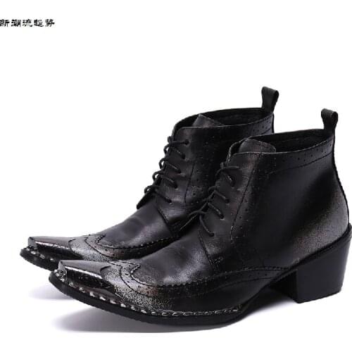 Winter Genuine Leather Ankle Boots Thick Heels Men Shoes Cowboy Boots Men Iron Pointed Toe Lace Up Man Boots Timber Land Shoes