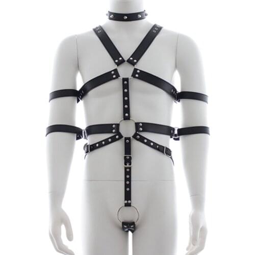 PVC Male Sexy Lingerie Fetish Bondage Restraint Faux Leather Harness for Men with Collar and Cock Ring Bodysuit Erotic Costumes