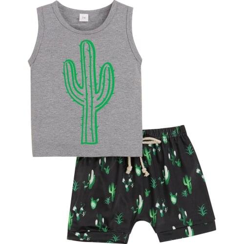 0-3Y Toddler Baby Boys Clothes Suit Set Summer Cactus Print O-Neck Sleeveless T-Shirt + Casual Shorts Outfit