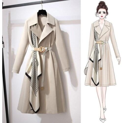 British Style Silk Scarf Trench Coat Female Mid-length Slim Elegant Outwear Korean 2020 Autumn Plus Size Windbreaker Women Q279