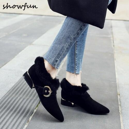 Plus size 33-40 womens genuine suede leather metal buckle winter fur pumps brand designer pointed toe warm plush heeled shoes