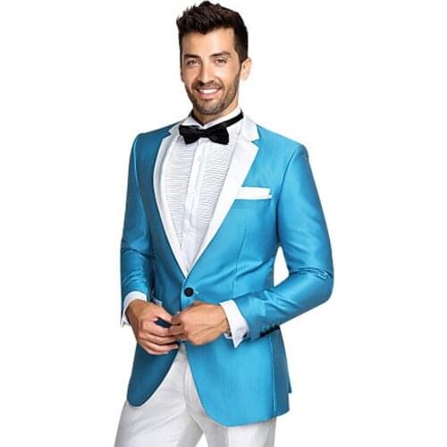 Blue Men Satin Suits 2020 Latest Design One Button Groom Wedding Tuxedos Best Costume Homme 2 Pieces Set