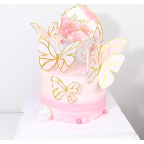 10PCS Happy Birthday Cake Topper Decorate Paperboard Baby Shower Handmade Painted Pink Purple Butterfly Birthday Wedding Party