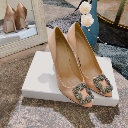 Fashion Rhinestone Womens Pumps High Heels Shoes Genuine Leather Womens Shoes 2020 Real Silk Pumps Pointed Toe Crystal Shoes