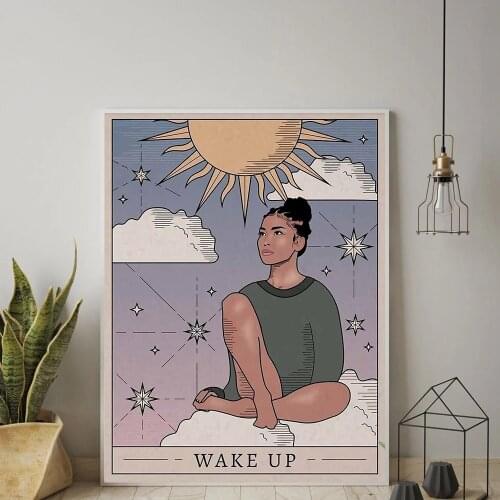 Vintage Poster Nordic Style Feminine Posters Female Celestial Wall Art Sun Star Wake Up Girls Pictures Home Decor