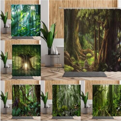 Green Jungle Shower Curtain Summer Forest Tree Bathroom Bath Decoration Home Decor Natural Landscape 3D Living Room Curtains Set
