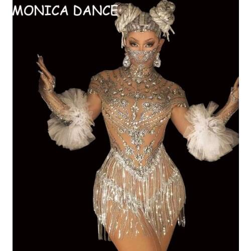 Women Dancer Nightclub Singer Dress Sparkly Silver Rhinestone Sequin Fringe Short Dress Gloves Birthday Celebrate Prom Outfit