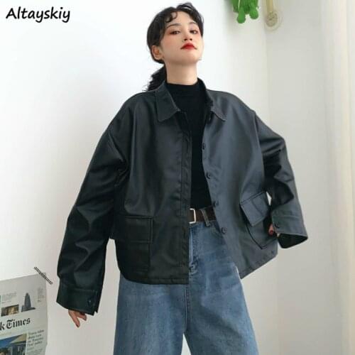 Jackets Women PU Loose Button Pockets Windbreaker Turn-down Collar Korean Style BF Ulzzang 2020 Streetwear Womens Leisure Trendy