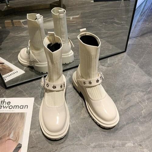 2021 new Fashion Sock Boots pu Cow Comfy Rubber Sole Stretch Fabric Square Heel Round Toe Patchwork Women Shoes