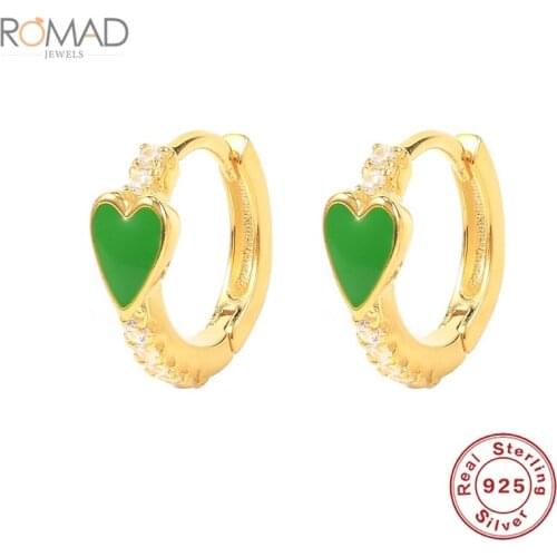 ROMAD Women Exquisite Heart Shaped Hoops Earrings Pendientes 925 Sterling Silver Pink Blue Green Purple Enamel Earrings Jewelry