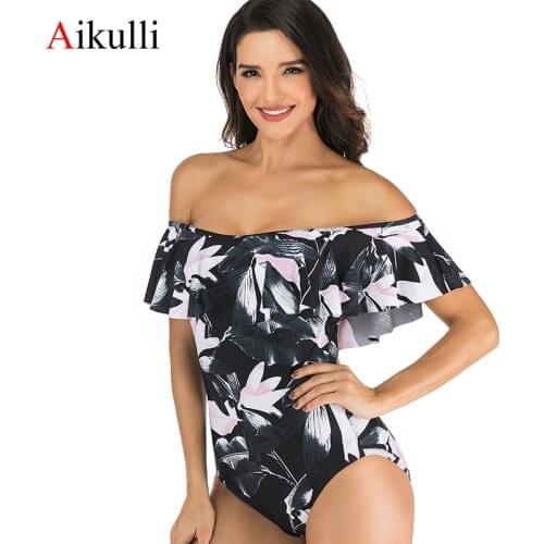 Aikulli Women One Piece Swimsuit Lily Flounce Ruffle Off Shoulder Slimming Female Sexy Swimwear Monokini Beach Bathing Suits