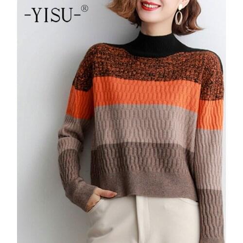 YISU Women Winter Sweater Half turtleneck Stitching color Winter tops Long sleeve Warm Casual Jumper Fashion Knitted pullover