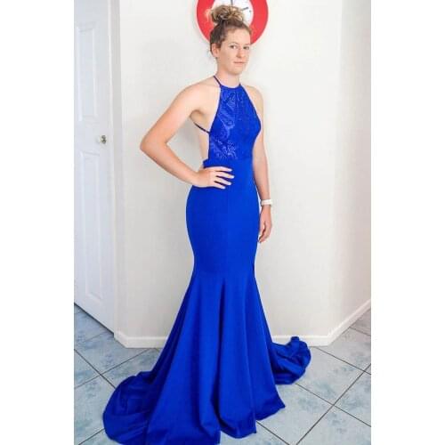 Royal Blue Lace Satin Prom Dresses Mermaid 2021 Backless Long Halter Formal Evening Party Dress Robe De Soiree