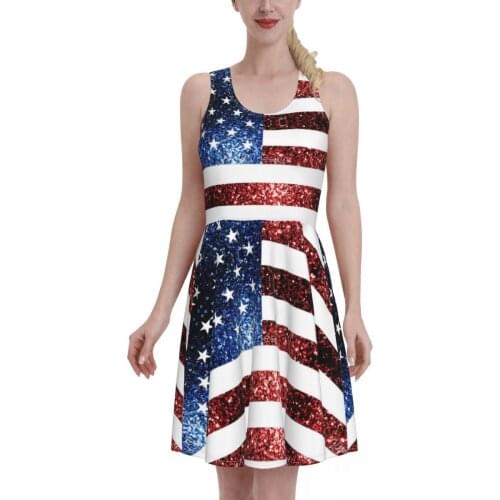 USA Flag Red Blue Sparkles Glitters Women Dress Summer 2021 Sexy O Neck R333 Print Beach Dress Sleeveless Mini Dress