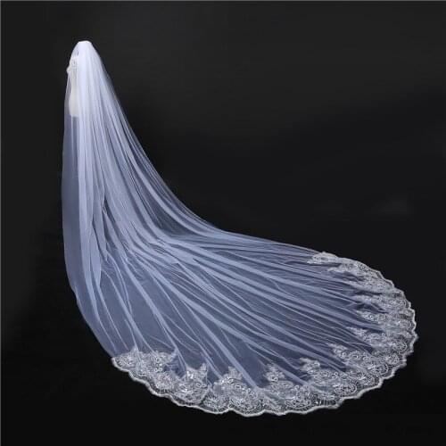 Cinderella Bling Bling Long 3*3 meters Sequins Lace Appliqued Edge Soft Tulle Wedding Veil Bridal Chapel Veil