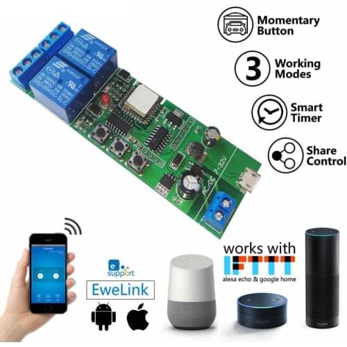 2-GANG DIY Switch 2 Channel Wifi Wireless Switch Inching Self-locking Interlock 5V DC7-32V for Amazon Alexa Google Home eWeLink