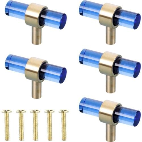 5 Pcs Cabinet Knobs Glass Brass T Bar Handle Dresser Drawer Pull Blue/Chocolate /Purple/ Pink/ LucencyGreen/Gold Screws