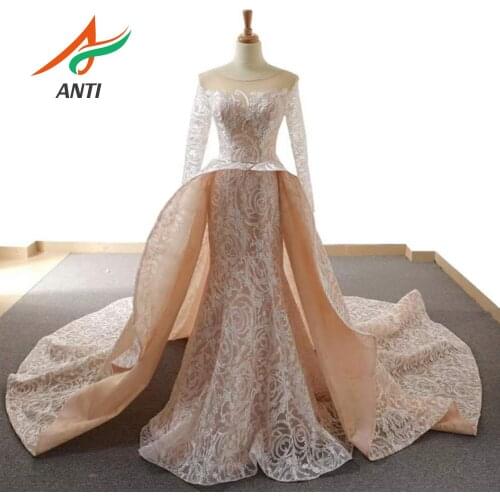 ANTI Elegant Dubai Evening Dress Mermaid Long Sleeves With Chapel Train Embroidered Open Back Formal Gowns Robe De Soiree 2019