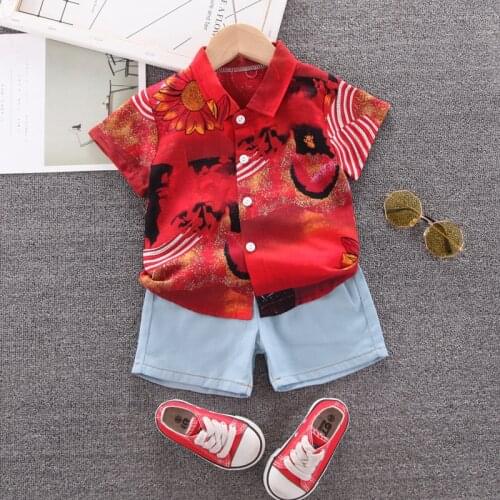 Childrens Clothing Summer Boys Printed Short Sleeve Shorts Two Piece Suits Fashion Korean Style Pure Cotton Sets Kids Clothes