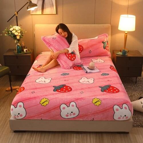 Pink Rabbit Flannel Bed Sheets Winter Warm Plush Fitted Sheet Soft Mink Cashmere Bed Linen Mattress Cover Elastic Bedspread